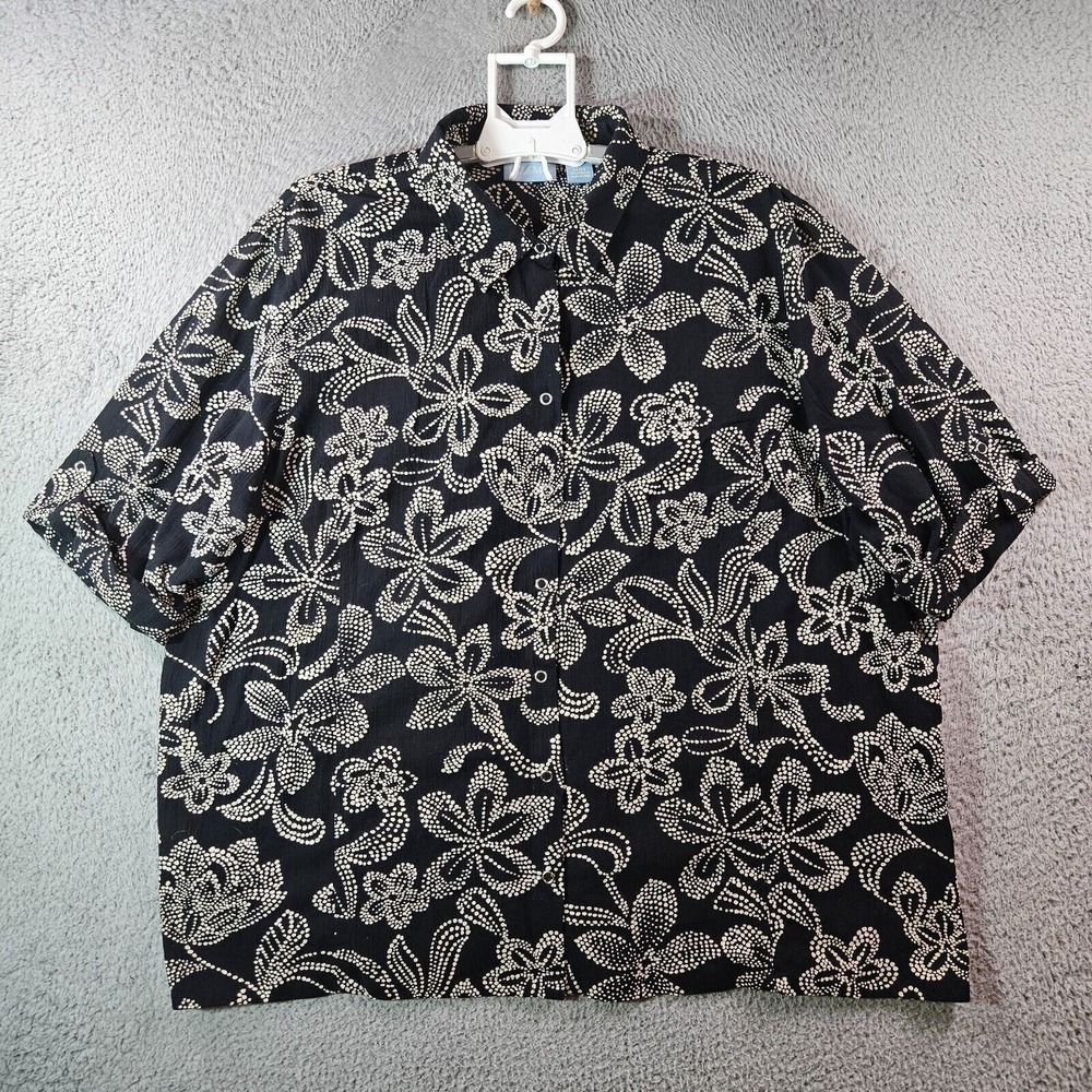 Liz & Me Shirt Top Women 2X 22 24 Snap Button 3/4‎ Sleeve Floral Black White